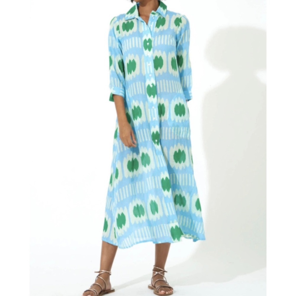 Oliphant Light Blue and Green Ikat-Print Maxi Shirt Dress